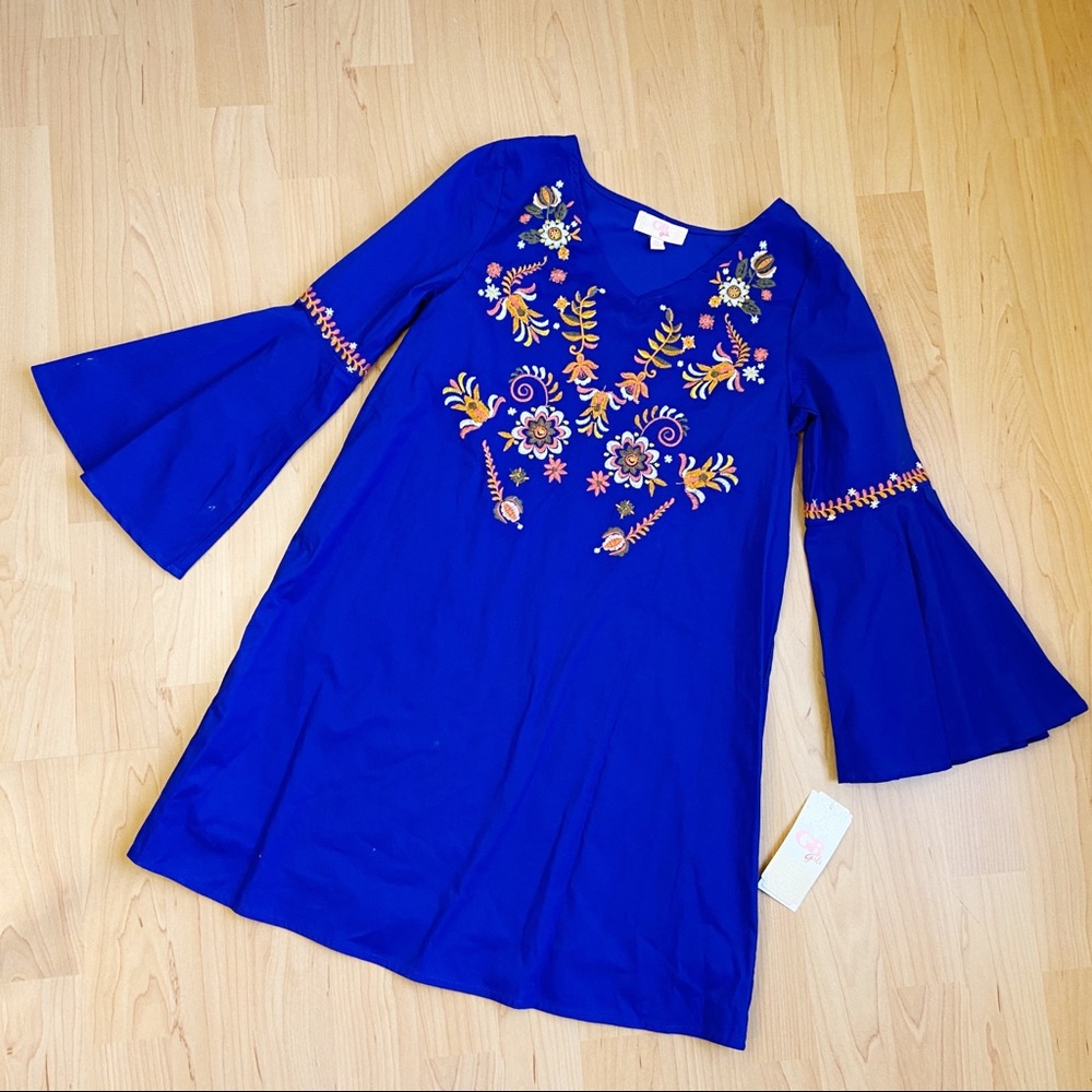 GB Girls Blue Embroidered Bell Sleeve Dress